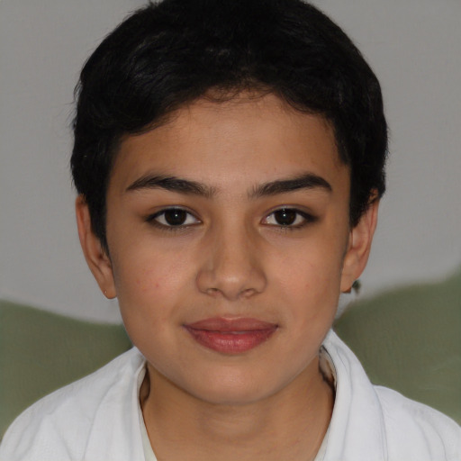 Joyful latino young-adult female with short  black hair and brown eyes