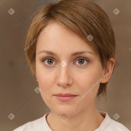 Neutral white young-adult female with medium  brown hair and brown eyes