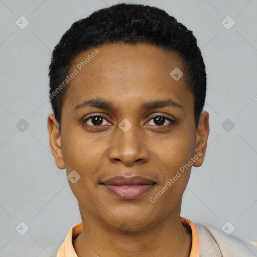 Joyful black young-adult male with short  black hair and brown eyes