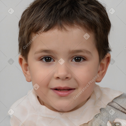 Joyful white child male with short  brown hair and brown eyes