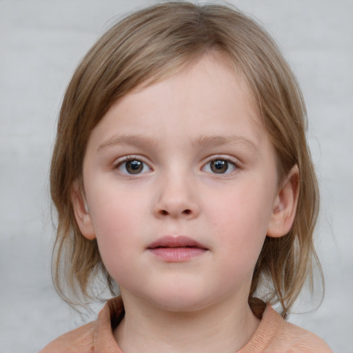 Neutral white child female with medium  brown hair and blue eyes