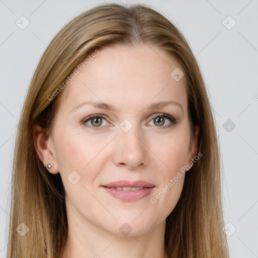 Joyful white young-adult female with long  brown hair and grey eyes