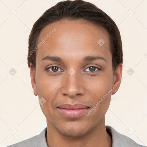 Joyful white young-adult female with short  brown hair and brown eyes