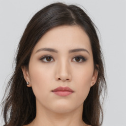 Neutral asian young-adult female with long  brown hair and brown eyes