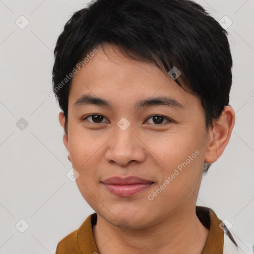 Joyful asian young-adult female with short  brown hair and brown eyes