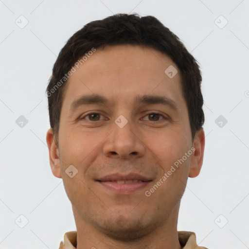 Joyful white young-adult male with short  brown hair and brown eyes