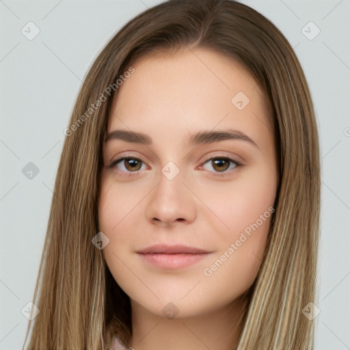 Neutral white young-adult female with long  brown hair and brown eyes