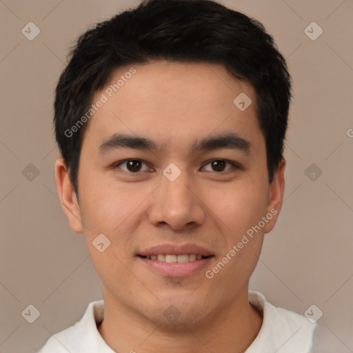 Joyful white young-adult male with short  black hair and brown eyes