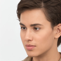 Neutral white young-adult female with short  brown hair and brown eyes