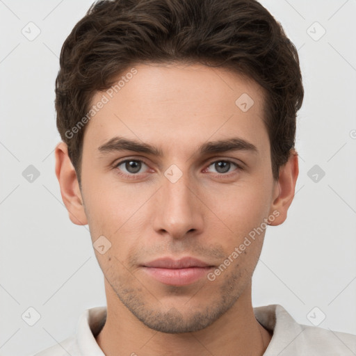 Neutral white young-adult male with short  brown hair and brown eyes