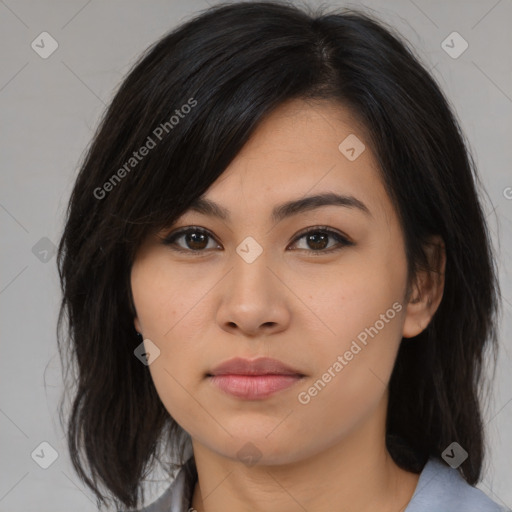 Neutral asian young-adult female with medium  brown hair and brown eyes