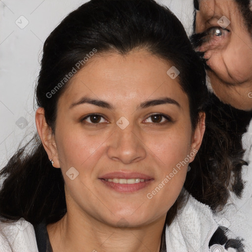 Joyful white adult female with medium  brown hair and brown eyes