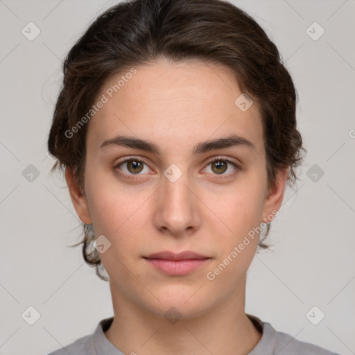 Neutral white young-adult female with short  brown hair and brown eyes