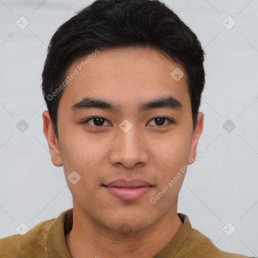 Joyful asian young-adult male with short  black hair and brown eyes