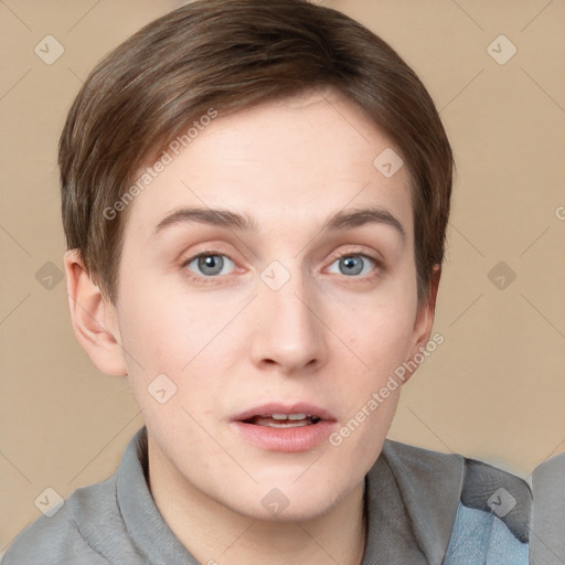 Neutral white young-adult male with short  brown hair and grey eyes