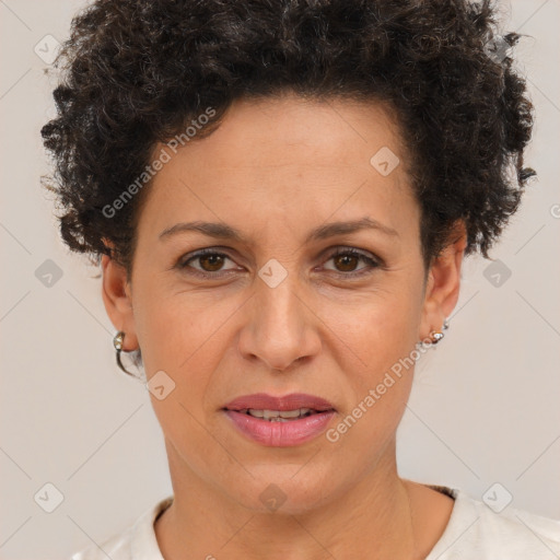 Joyful white adult female with short  brown hair and brown eyes