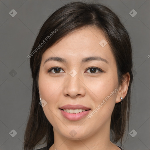 Joyful white young-adult female with medium  brown hair and brown eyes