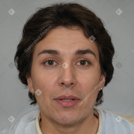 Joyful white adult female with short  brown hair and brown eyes