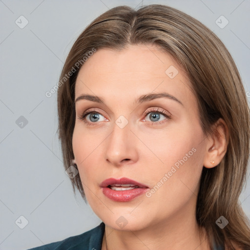 Neutral white young-adult female with medium  brown hair and grey eyes