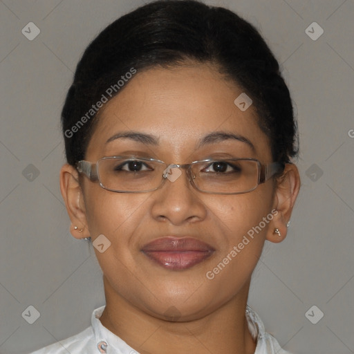 Joyful latino young-adult female with short  brown hair and brown eyes