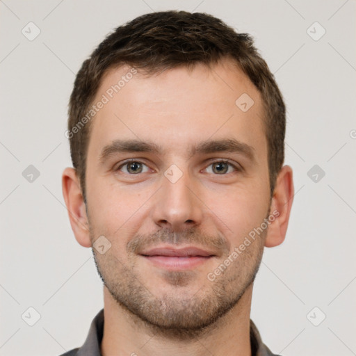 Neutral white young-adult male with short  brown hair and brown eyes