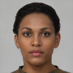 Neutral black young-adult female with short  brown hair and brown eyes