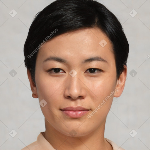 Joyful asian young-adult female with short  black hair and brown eyes