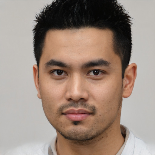 Neutral asian young-adult male with short  black hair and brown eyes