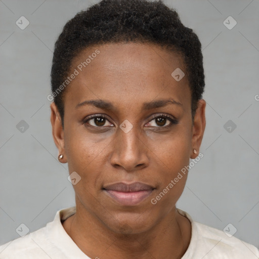 Neutral black young-adult female with short  brown hair and brown eyes