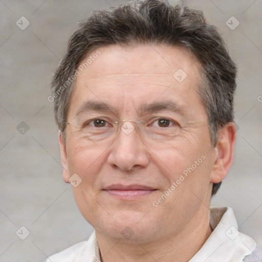 Joyful white middle-aged male with short  brown hair and brown eyes