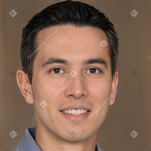 Joyful white adult male with short  brown hair and brown eyes