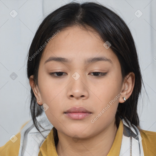 Neutral asian young-adult female with medium  brown hair and brown eyes