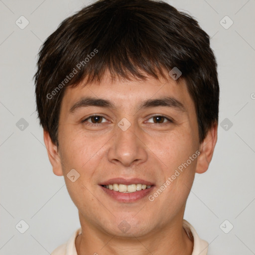 Joyful white young-adult male with short  brown hair and brown eyes