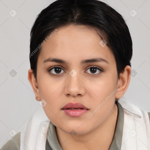 Neutral white young-adult female with medium  brown hair and brown eyes