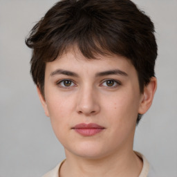 Neutral white young-adult female with short  brown hair and brown eyes