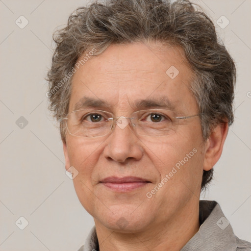 Joyful white middle-aged male with short  brown hair and brown eyes