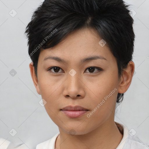 Neutral asian young-adult female with short  brown hair and brown eyes