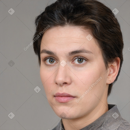 Neutral white young-adult female with short  brown hair and brown eyes