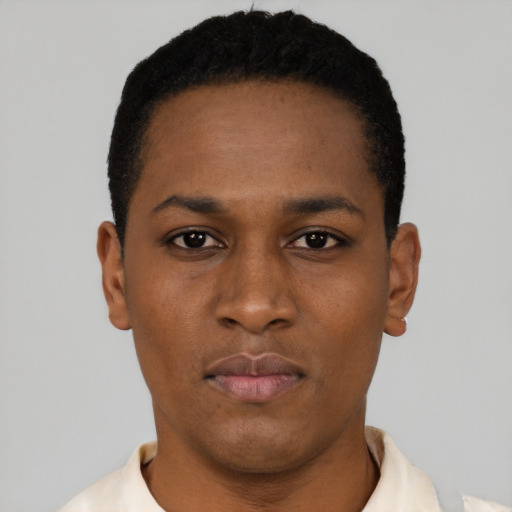Neutral black young-adult male with short  black hair and brown eyes
