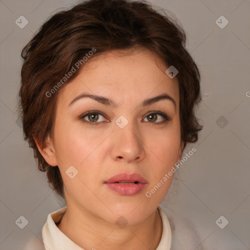 Neutral white young-adult female with medium  brown hair and brown eyes