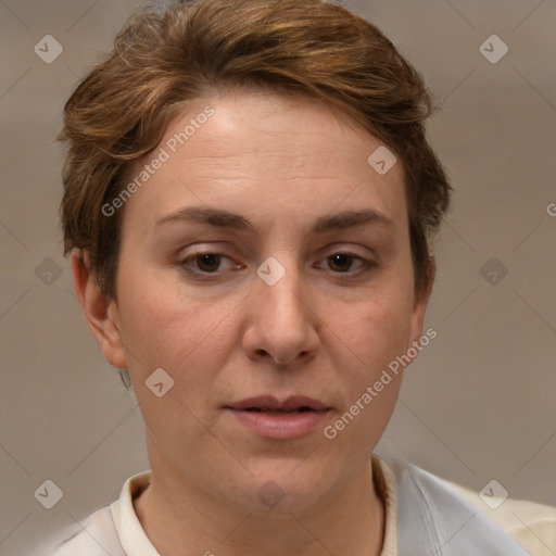 Joyful white adult female with short  brown hair and brown eyes