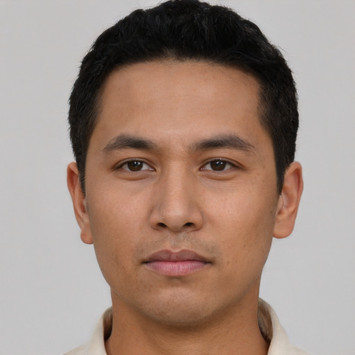 Neutral asian young-adult male with short  black hair and brown eyes
