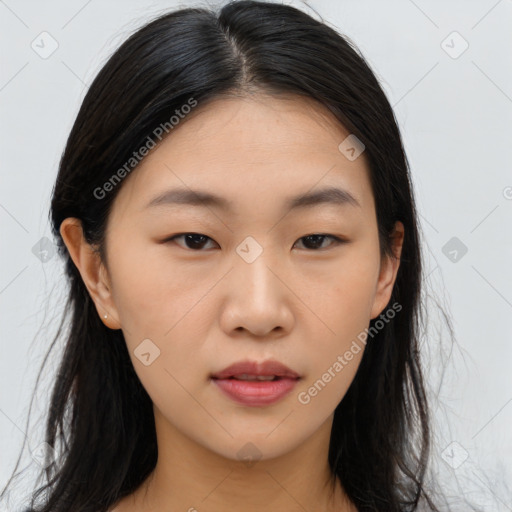 Neutral asian young-adult female with long  brown hair and brown eyes