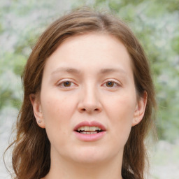 Joyful white young-adult female with medium  brown hair and blue eyes