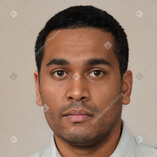 Neutral latino young-adult male with short  black hair and brown eyes