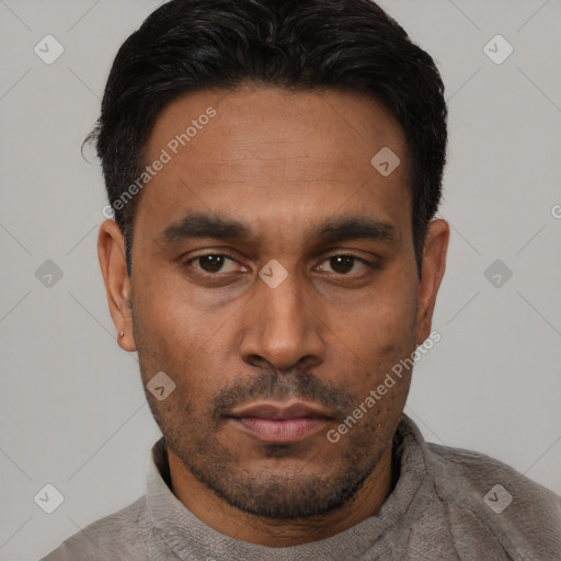 Neutral latino young-adult male with short  black hair and brown eyes