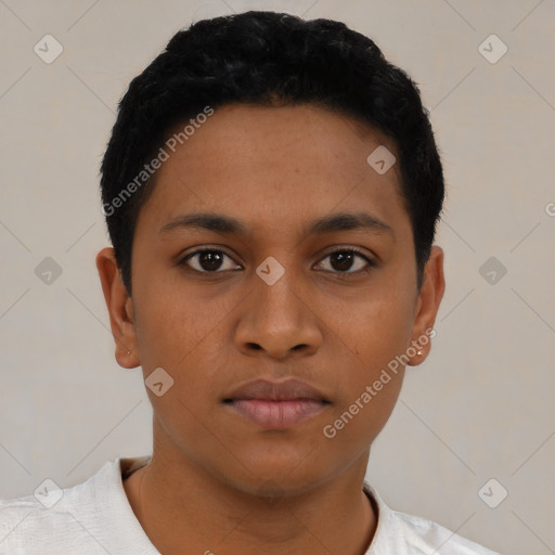 Neutral latino young-adult female with short  black hair and brown eyes