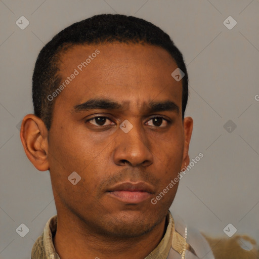 Neutral latino young-adult male with short  black hair and brown eyes
