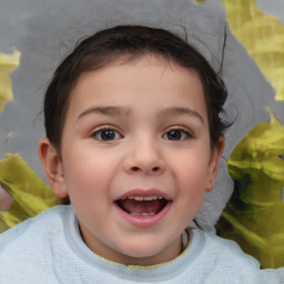 Joyful white child female with short  brown hair and brown eyes