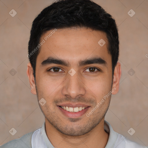 Joyful white young-adult male with short  black hair and brown eyes